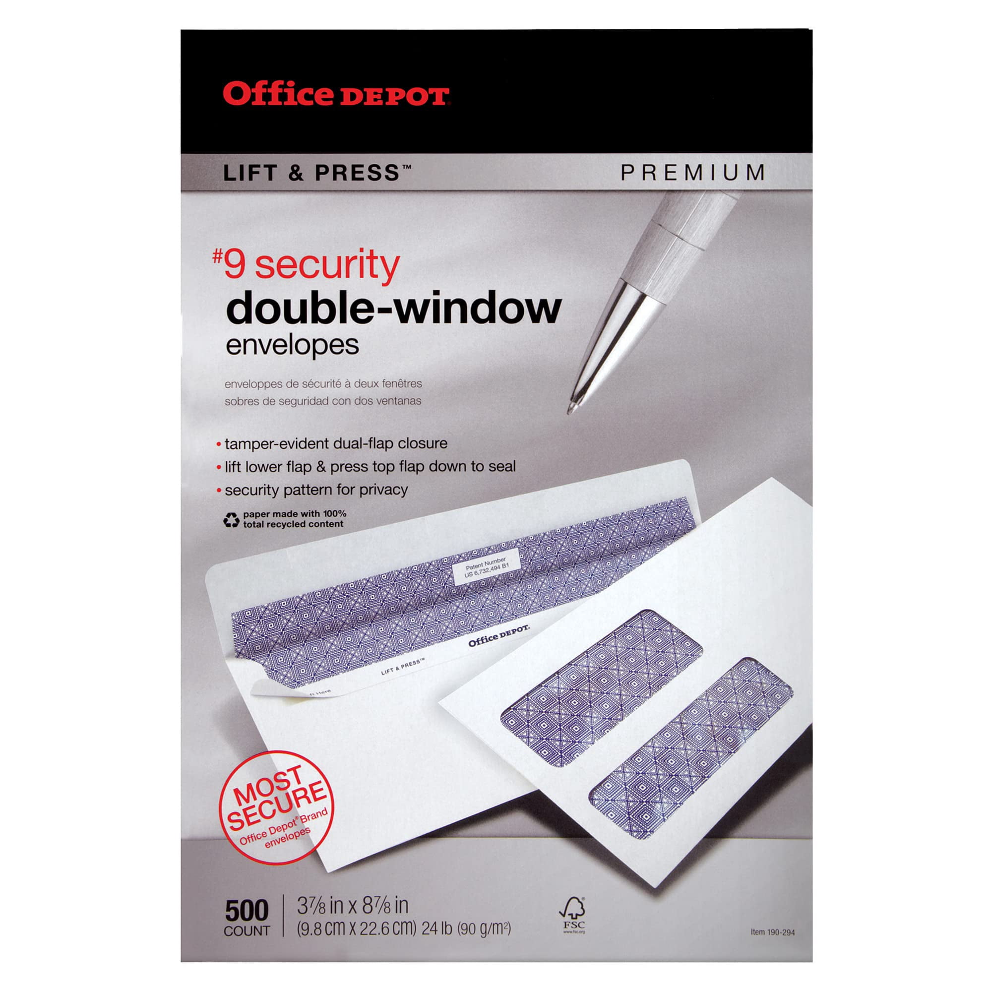 Office Depot 100% Recycled Lift  Press(TM) Double-Window Envelopes, #9 (3 7/8in. x 8 7/8in.), White, Pack Of 500, 76169