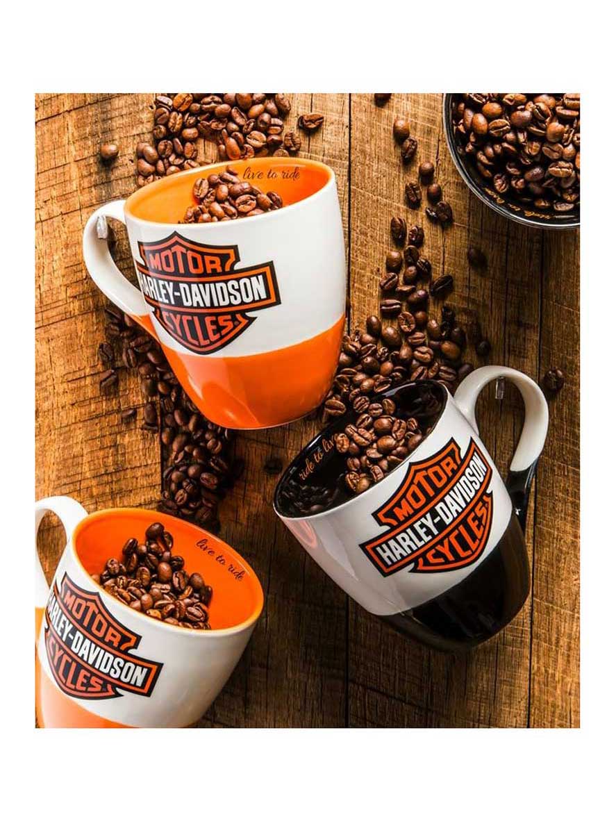 Harley-Davidson® Ride & Rest Travel / Coffee Ceramic Mug Set, Black & Orange