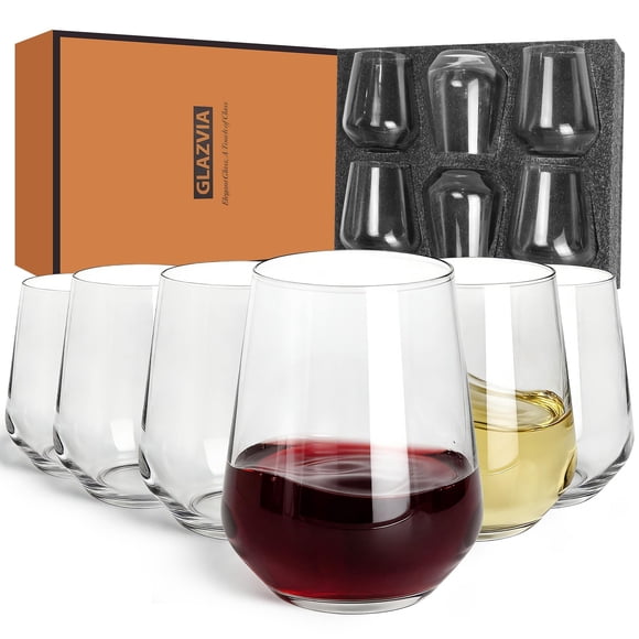 GLAZVIA Stemless Wine Glasses Set of 6, 15oz Clear Drinking Glassware Dishwasher Safe, Wine Glass Tumblers for Red or White, Gift for Party, Holiday,