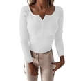 thumbnail image 4 of Lroplie Shirts for Women Button Solid Color Knitted V Neck Single Long Sleeve Slim Fit Bottomed Shirt Womens Tops White 2023 XL, 4 of 4