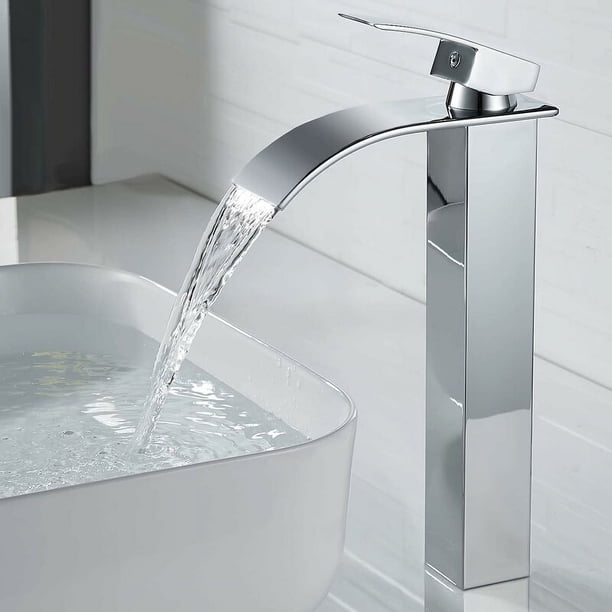 CHAO Grifo para lavabo en cascada alto y moderno, grifo para baño en cascada de diseño elegante, mezclador monomando alto para lavabo en latón, agua fría y caliente disponible, grifos en cascada croma