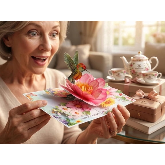 Mother's Day 3D Pop-Up Card — Handmade Rainbow Hummingbird & Peony Card: A Unique Mother's Day Gift for Moms and Grandmothers