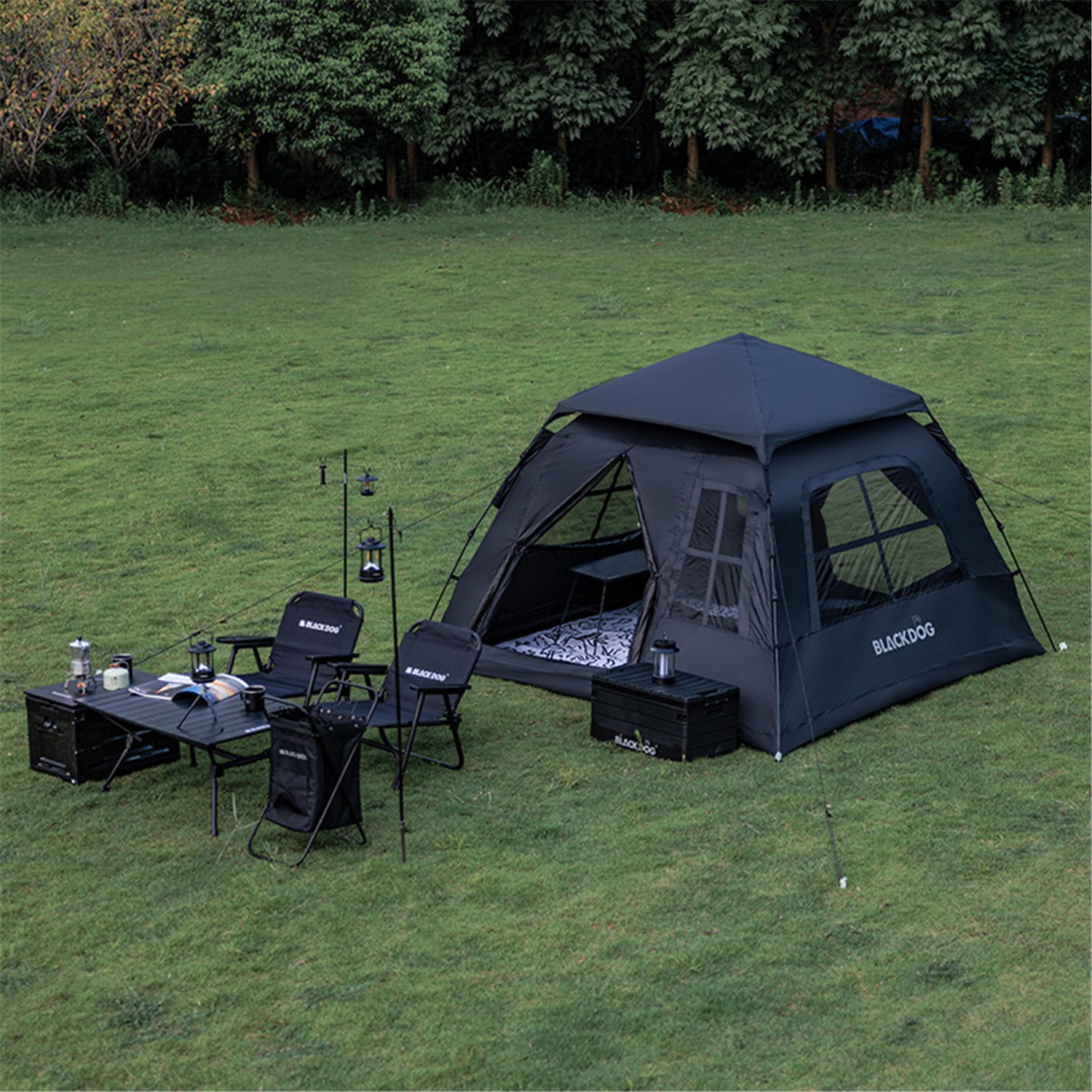BLACKDOG, Family Camping Tent, Automatic Quick-opening Black Vinyl Coating Tent for 4 people, Easy setup Camping Tent with Two Doors and Four Vent Windows, Waterproof and Sun Protection