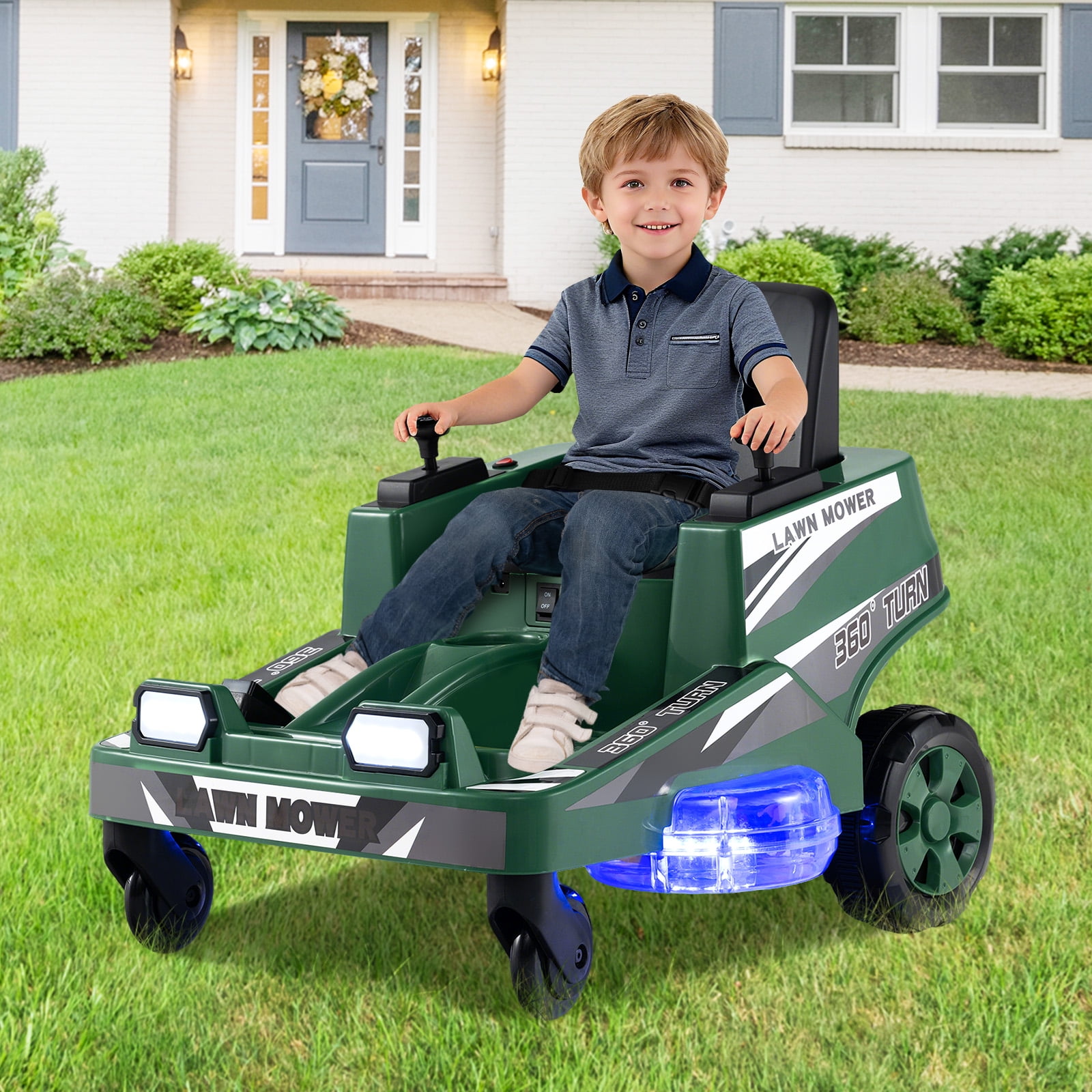 Costway 12V Ride on Lawn Mower with Dual Control Sticks LED Lights Twist Turn for Aged 3-8 Green