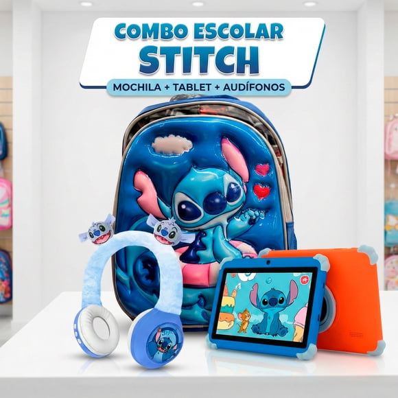 Combo Escolar de Stitch: Mochila de Stitch + Tablet Kidiby KT15 8GB/256GB + Audífonos Bluetooth de Diadema diseño Stitch