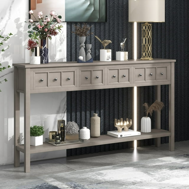 OUDOSPRS Table Console Rustique pour Entrée, Table de Sofa de 60 Pouces de Long avec Deux Tiroirs de Tailles Différentes et Tablette de Rangement Inférieure (Gris Lavé)