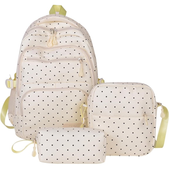 Polka Dot Backpack, 3-Piece Cute Kawaii Backpack Set, Lightweight Nylon Daypack with Matching Shoulder Bag and Pouch for Travel and Daily Use