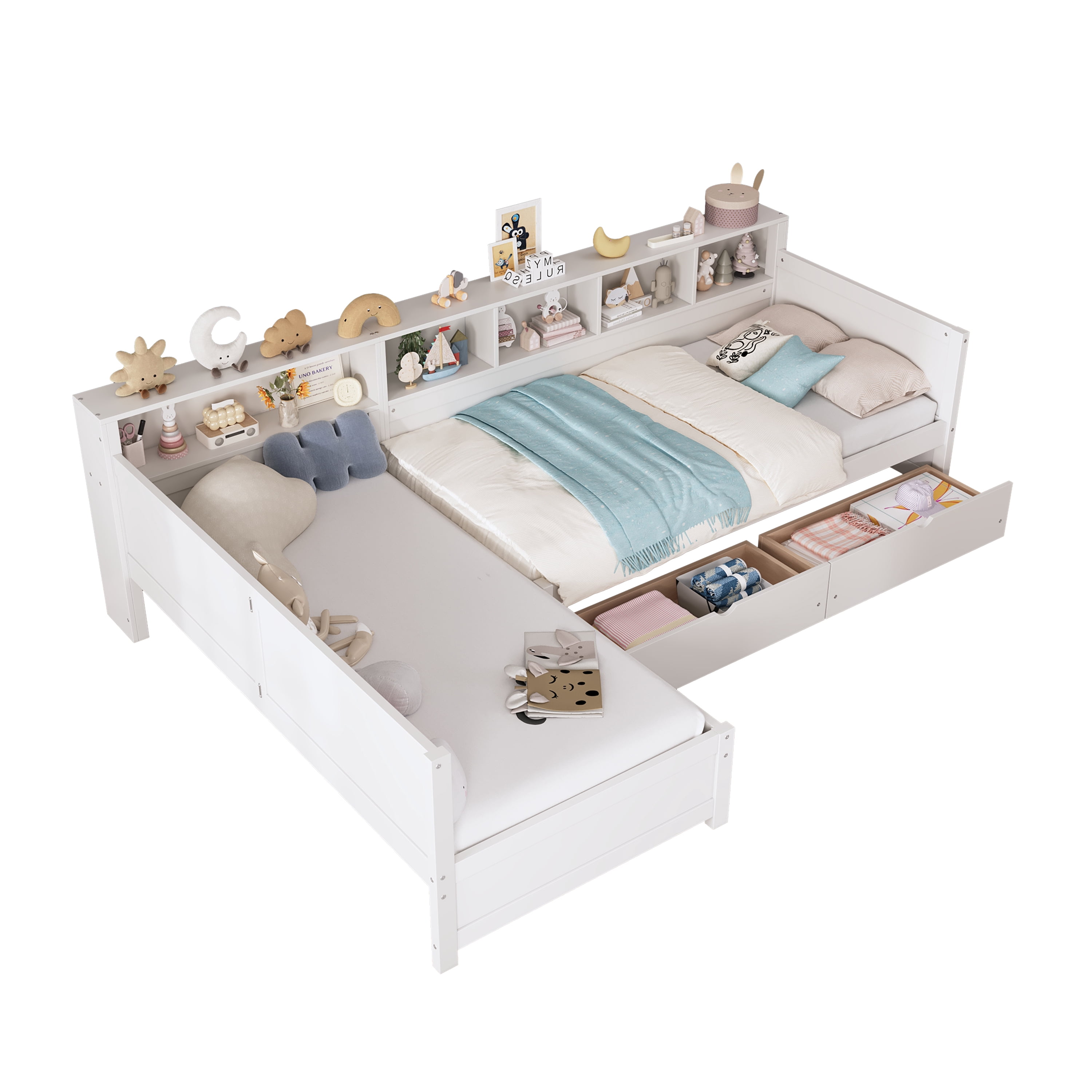 Euroco Wood Twin Size L Shaped Platform Bed with Drawers, Captain Bed with Shelves and Cabinets, 2 Beds in One, White