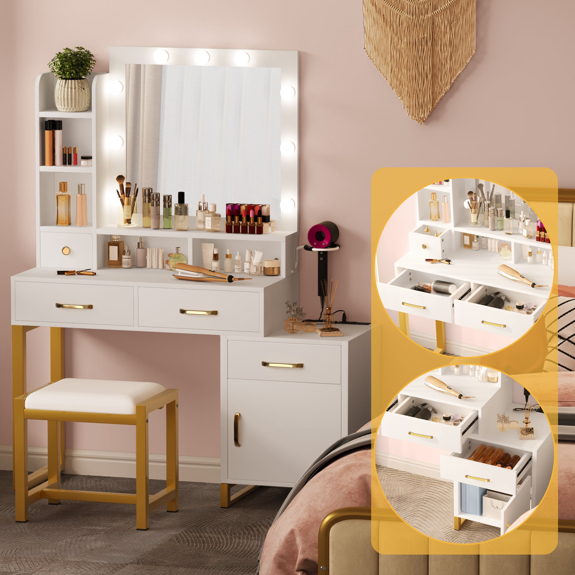 Uforic Makeup Vanity with Lights, Adjustable Lighting Mirror and Drawers, White Finish with Power Outlet