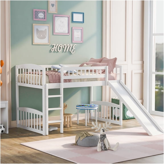 JERFIT Twin Loft Bed with Slide, Ladder, White