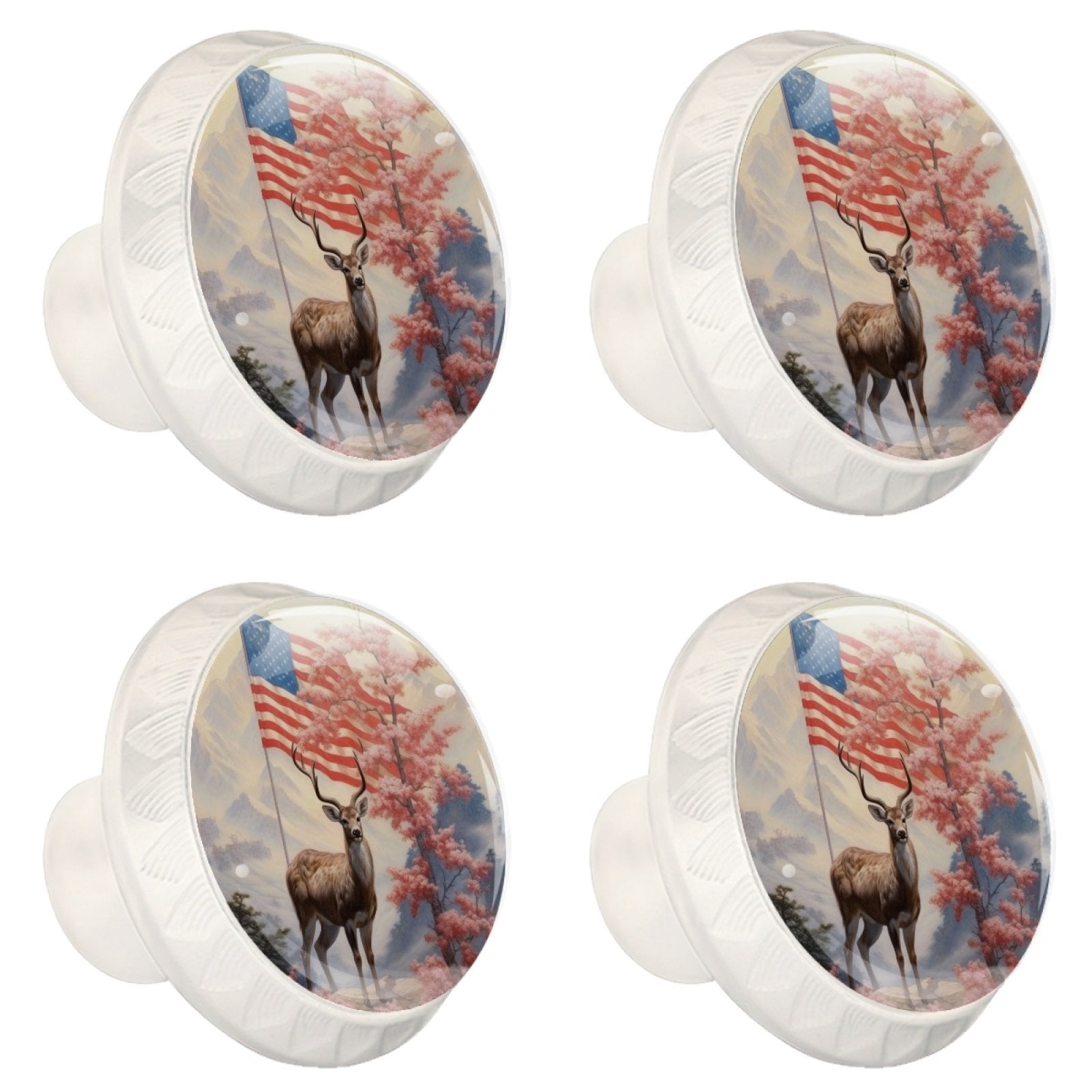4 Pcs Deer and American Flag Knobs for Kitchen Cabinet Cupboard Dresser Bookcase Drawer Pulls Handles Round Home Decor