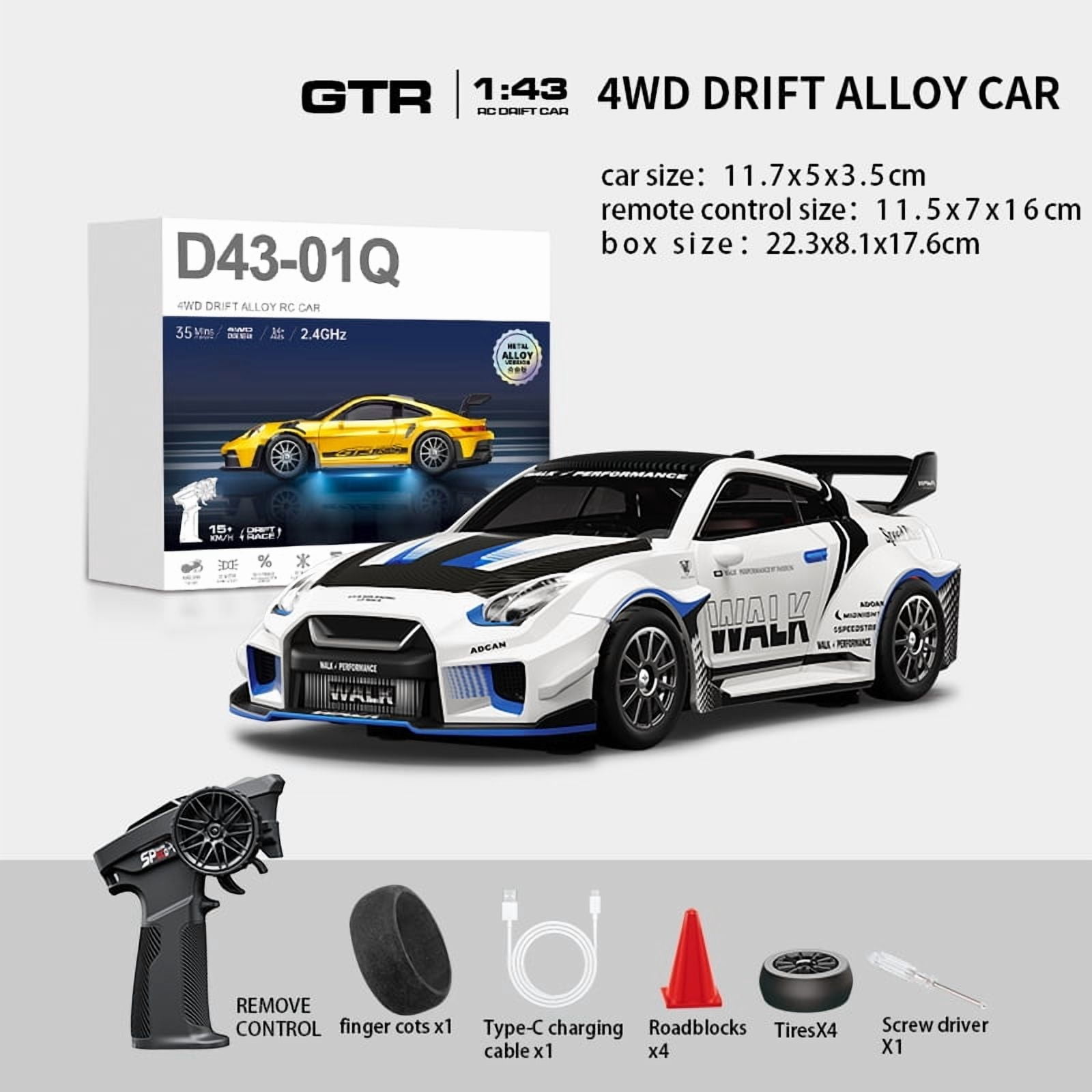 1/43 Scale Alloy RC Drift Car 4WD 2.4G Full Proportional Remote Control Racing Vehicle With Gyro & LED Lights Adjustable Speed Desktop Model For Adults Hobbyists - Q1/Mecha War White / D43-02
