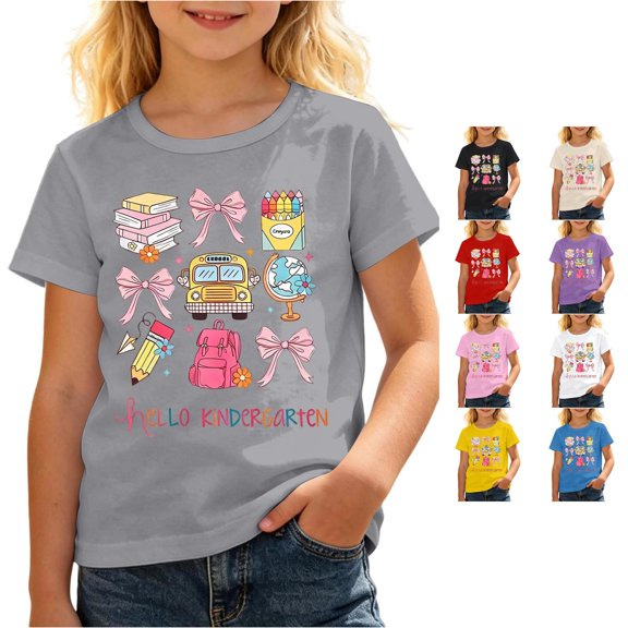 Rhuody Girl Tops Back To School Short Sleeve Cartoon Pattern Round Neck Tee 5-6 Years Grey
