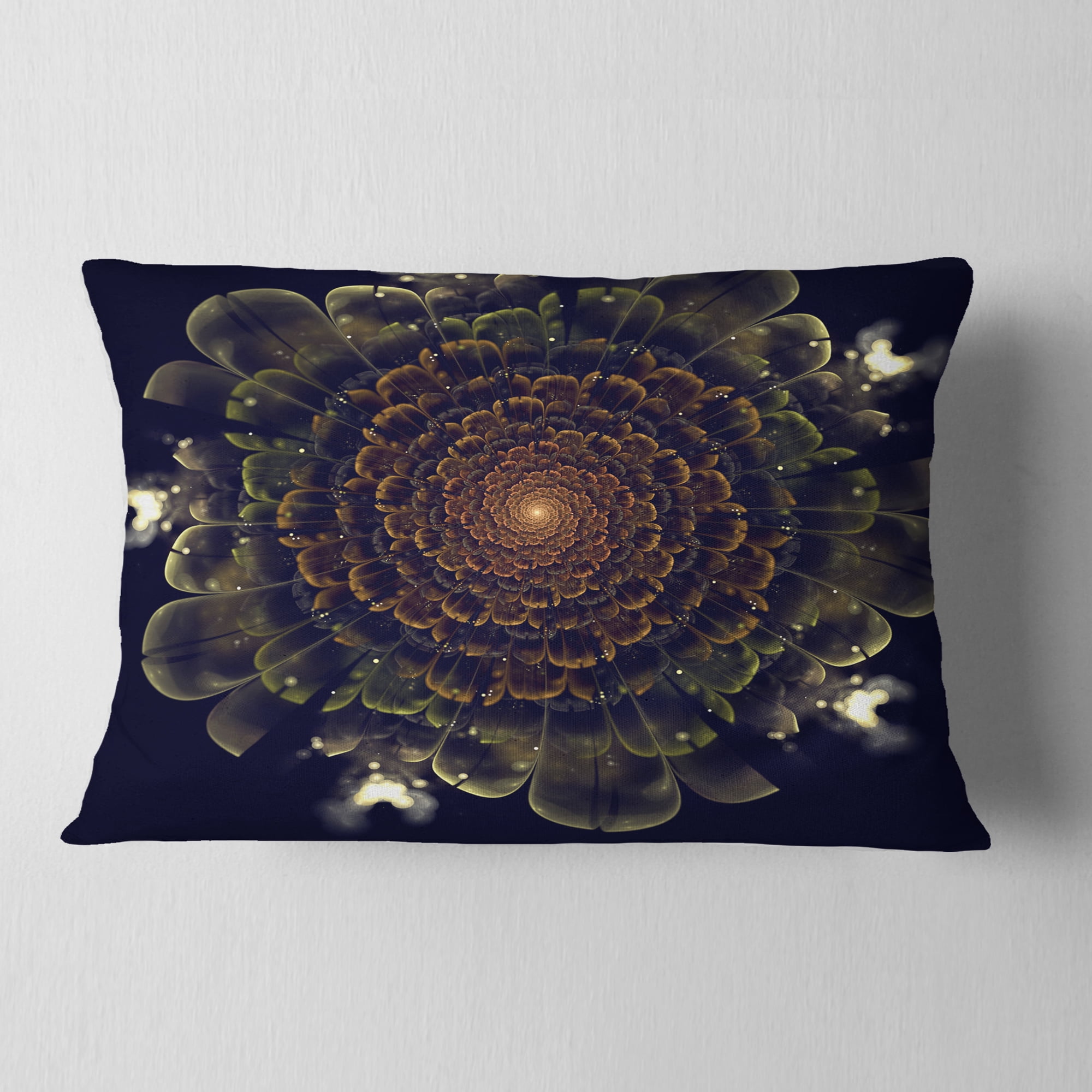 Designart Orange Fractal Flower with Green - Abstract Throw Pillow - 12x20