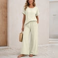 thumbnail image 6 of Summer Vacation Two Piece Outfit Women Embroidery Short Sleeve Tops Wide Leg Pants Lightweight Casual Travel Set Beige M, 6 of 8