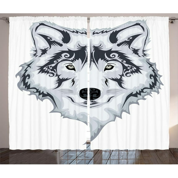 Ambesonne Tattoo Curtains 2 Panel Set, Tibal Wild Wolf Tattoo, 108" x 84", White and Black