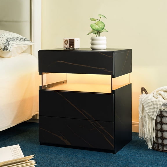 LUMAMIN Nightstand with LED Lights, 3 Drawer Night Stand with 16 RGB Lighting, Remote, Modern Bedside Table End Side Table for Bedroom, Living Room, Black Gold