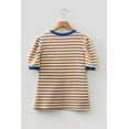 thumbnail image 3 of Women's Brown Stripe Short Puff Sleeve Tee – Casual Summer Top with Contrast Trim | XL, 3 of 9