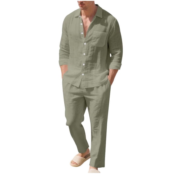 Men's Linen Casual Outfits Piece Solid Color Cuban Shirt and Pants Set Lightweight Beach Vacation Suit