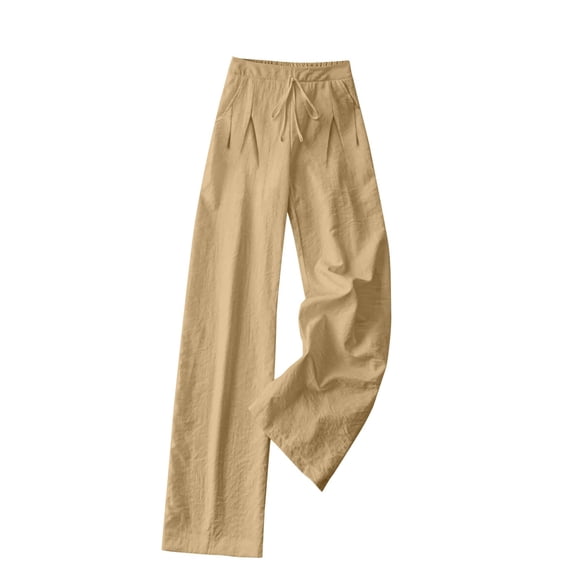 Womens Linen Pants Wide Leg Drawstring Waist Cotton Linen Pants Summer Casual Loose Fit Trousers with Pockets Khaki L