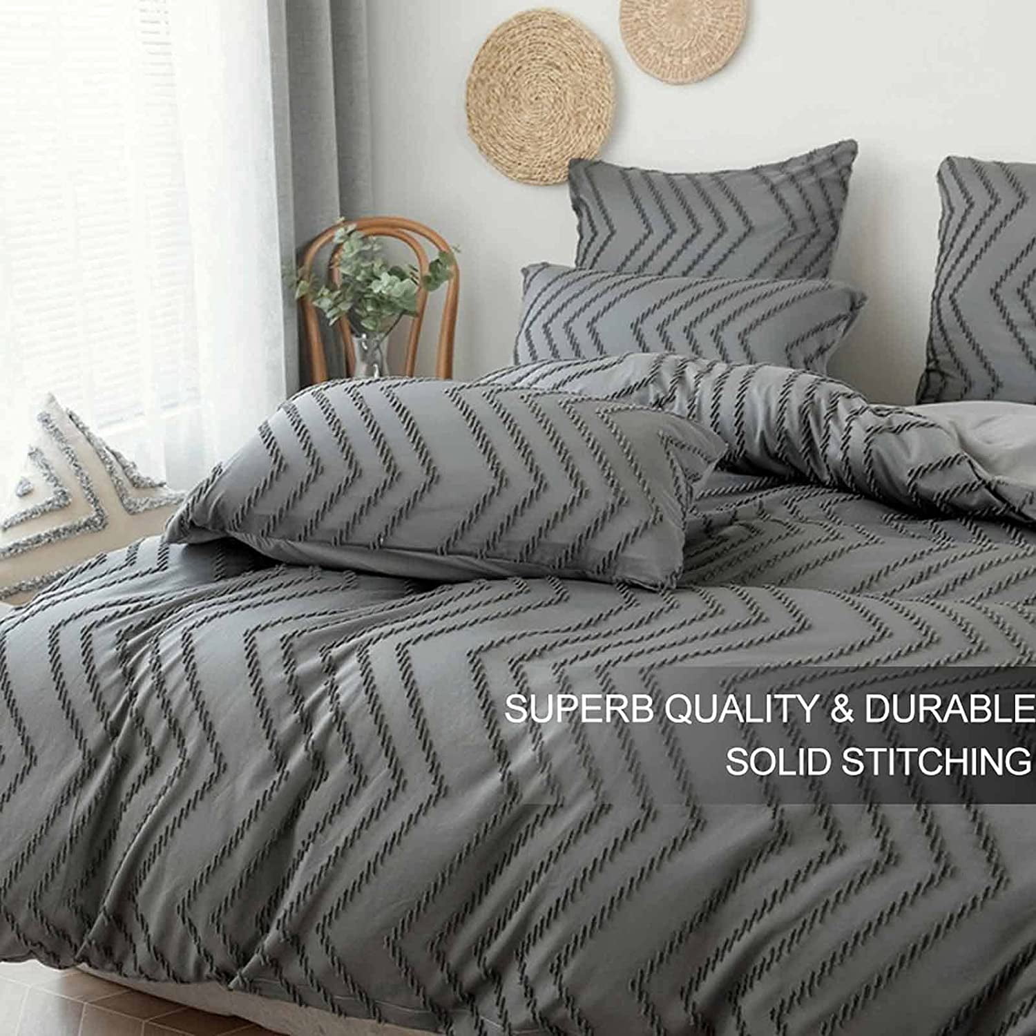 Seasonwood Queen Duvet Cover Gray Tufted Jacquard Microfiber Bedding Set 3pcs 90" x 90"