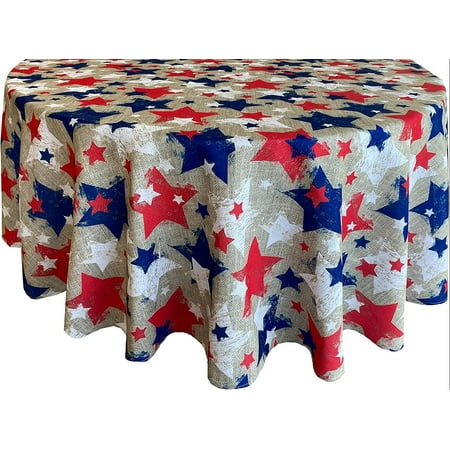 

Burlap Patriotic Stars Print Vinyl Flannel Backed Tablecloth - Rustic Red White and Blue American Stars Indoor/Outdoor Print Tablecloth – 70 Inch Zippered Umbrella Round