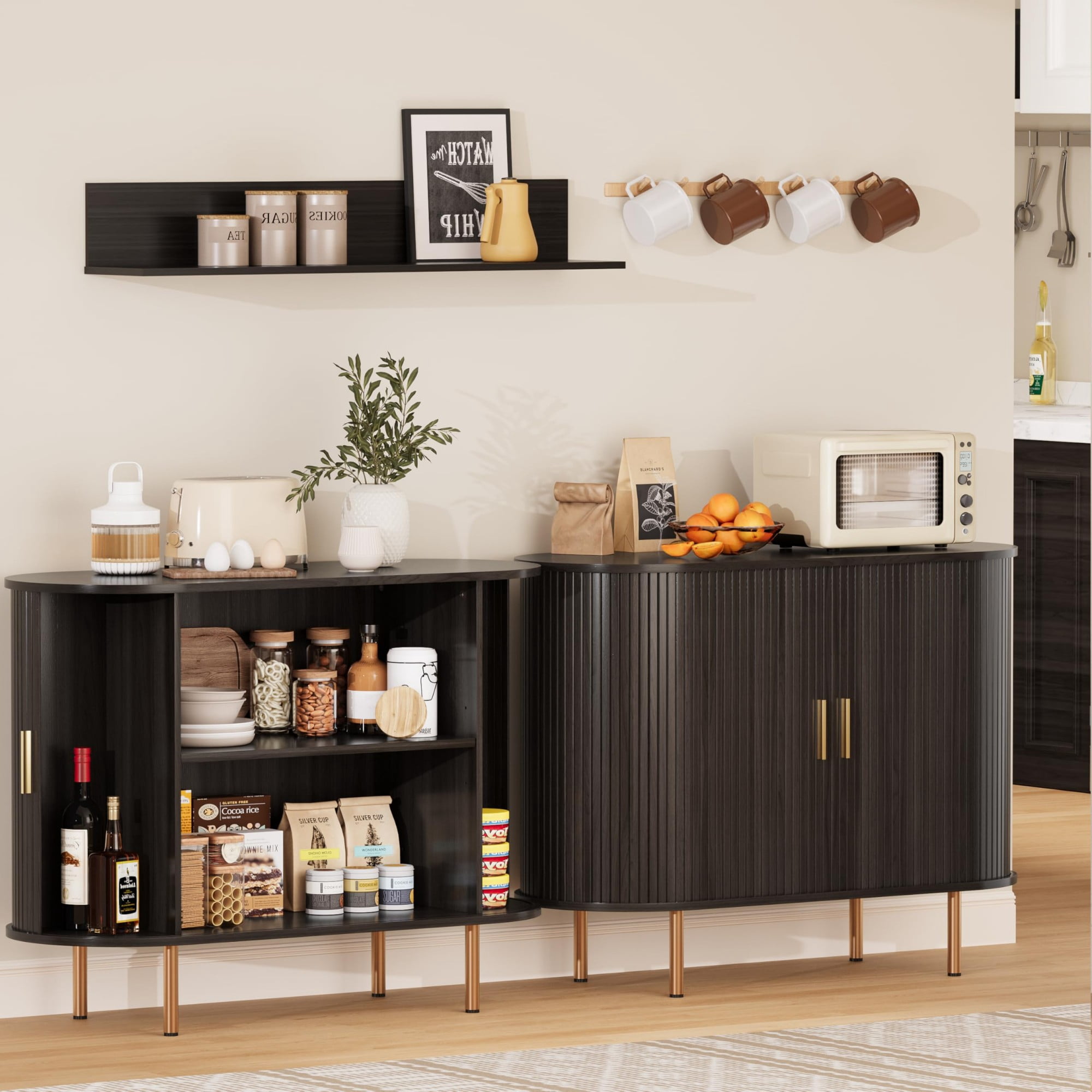 Mid Century Modern Sideboard Buffet Cabinet, 39 Inch Fluted Coffee Bar Console with Tambour Sliding Doors, Coffee