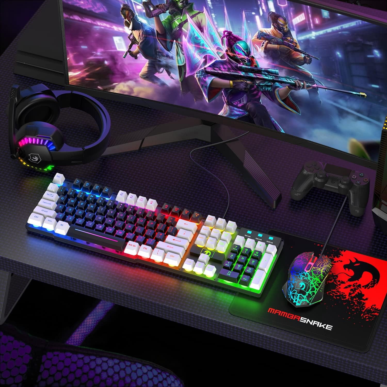 Wired Gaming Keyboard and Mouse and Mouse pad and Gaming Headset,Rainbow LED Backlit Keyboard,Over Ear Headphone with Mic,Gaming Mice,Mouse Pad,for PC Gamers and Xbox and PS4(Black/White)