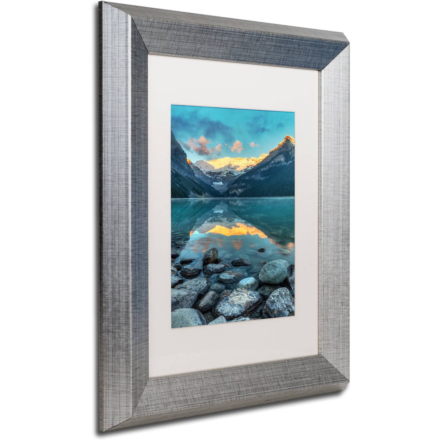 Trademark Fine Art 'Lake Louise Sunrise' Canvas Art by Pierre Leclerc, White Matte, Silver Frame