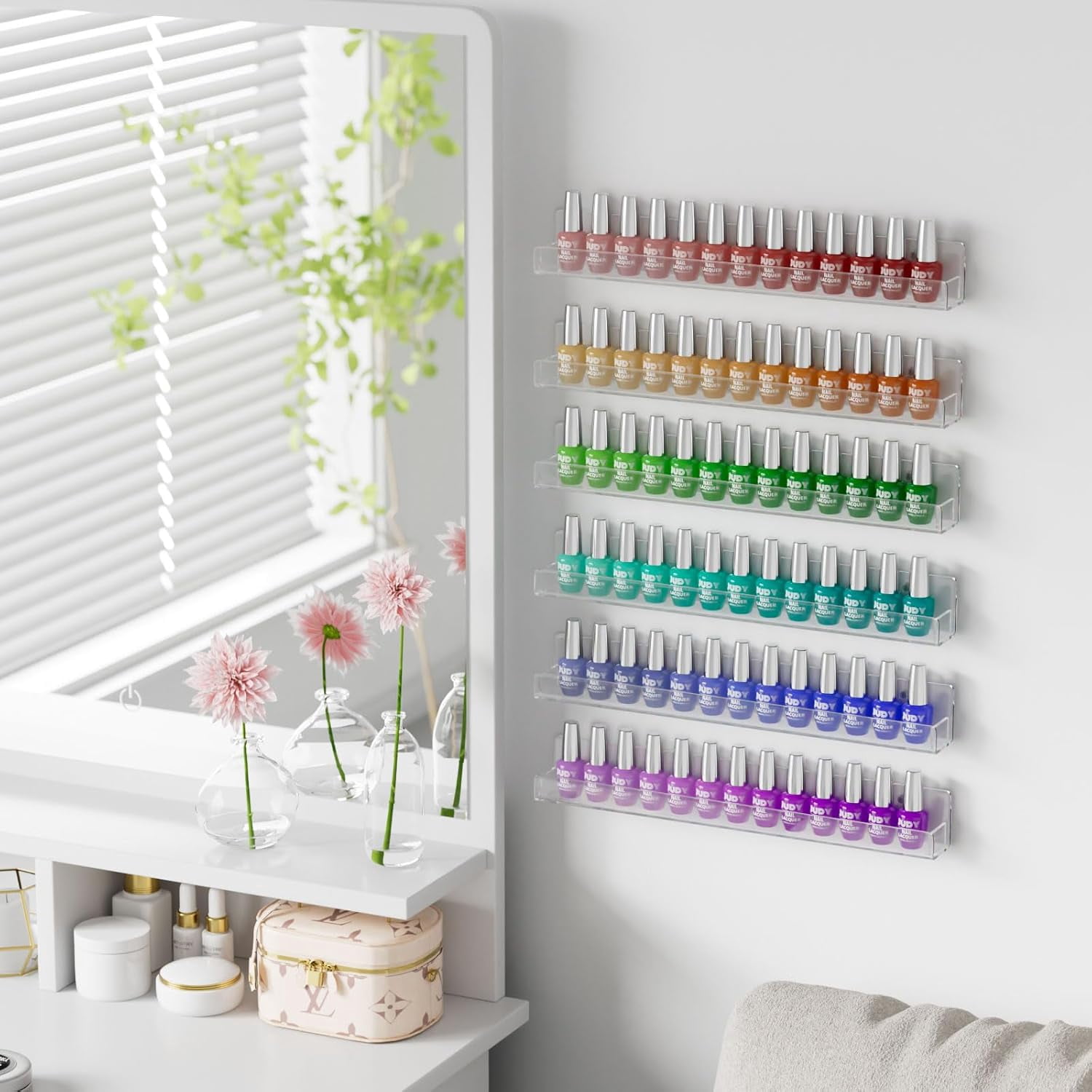 NIUBEE Nail Polish Rack, Clear Acrylic Nail Polish Wall Organizer Holder Display 96 Bottles, Removable Anti-slip End Inserts,Floating Nail Shelf for Paints and Essential Oils