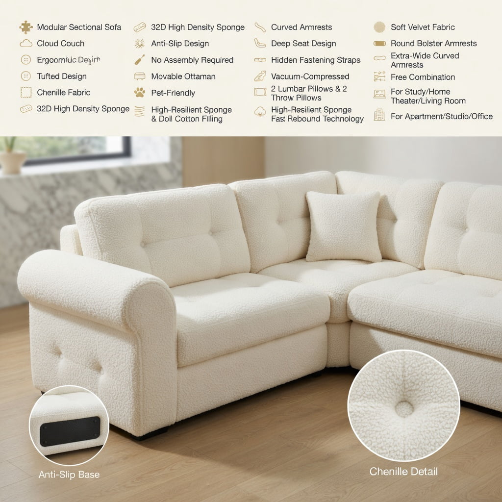 Hommoo Teddy Fleece 3-Seat Modular Sectional Sofa with Curved Backrest, Movable Ottoman & Double-Layer Cloud-Like Cushions, Beige