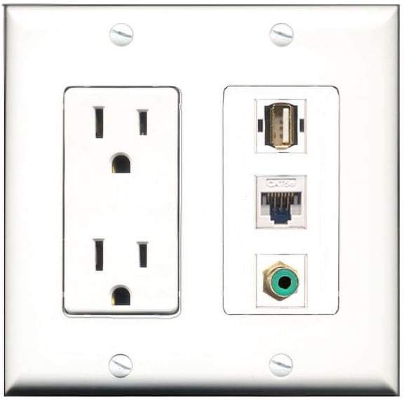 RiteAV - 15 Amp Power Outlet 1 Port RCA Green 1 Port USB A-A 1 Port Cat5e Ethernet White Decorative Wall Plate