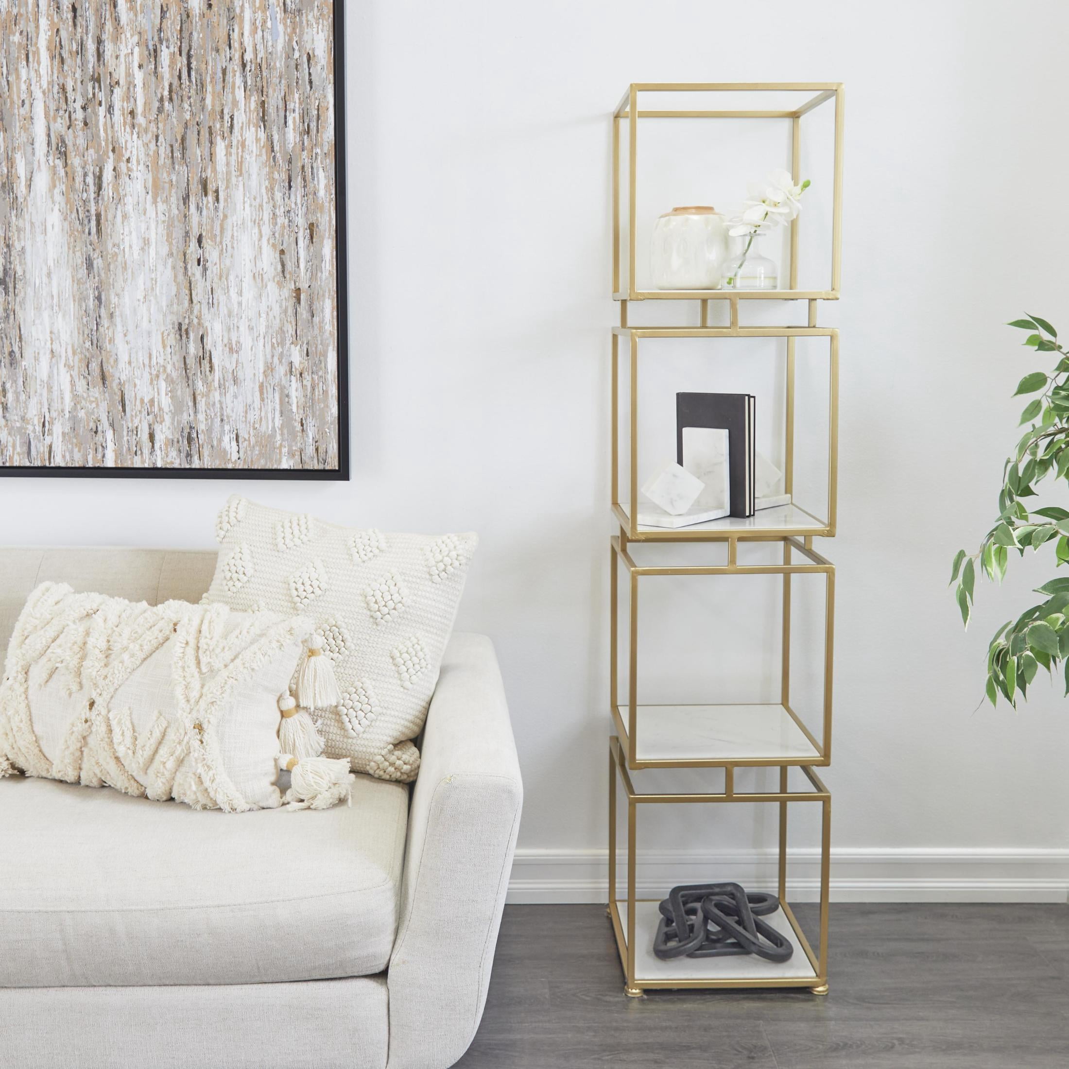 DecMode 14" x 62" Gold Metal Cube 4-Tier Shelving Unit with 4 Marble Shelves, 1-Piece