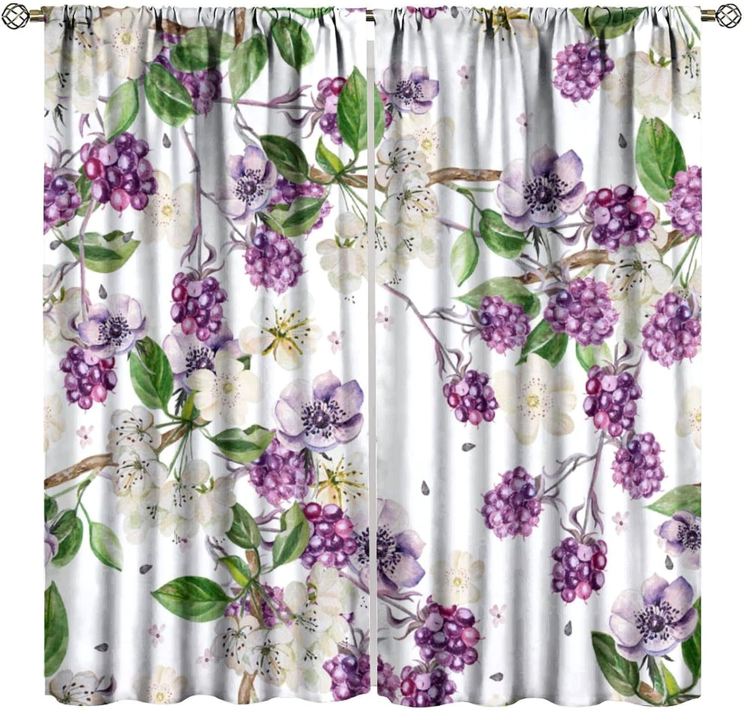 Purple Floral Curtains Spring Watercolor Flowers BlackBerry and Anemone Pattern Print Living Room Curtains for Women Girls Room Window Blackout Curtains 84x84 Inches 2 Panels