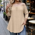 thumbnail image 2 of DDAPJ pyju Women's Off Shoulder 3/4 Sleeve Shirts Eyelet Casual Tunic Tops Plus Size Summer Blouses Khaki XXXL, 2 of 7