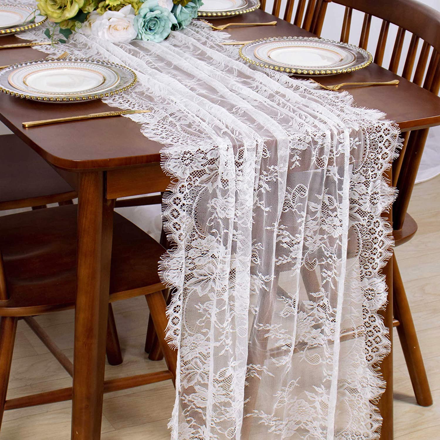 White Embroidered Flower Lace Dining Table Runner/Tablecloth Party Wedding Decor