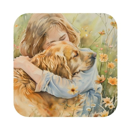 

Disketp Girl Hugging Dog Flowers Funny Coasters 6 Pcs Leather Coasters with Holder Perfect Housewarming Hostess Gifts Protect Furniture from Water Marks Scratch and Damage Square