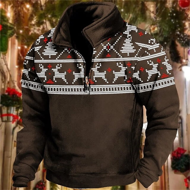 sudadera con capucha con cremallera para hombre, moda navideña, sudaderas con capucha 3d para hombre, sudaderas con capucha vintage de gran tamaño para otoño, sudaderas con capucha informales de manga — Sudadera half-zip masculina oscura con estampado navideño 3D de renos y árboles en blanco y rojo en pecho y hombros, cuello vuelto con cremallera parcial, corte suelto, manga larga y forro polar; estilo casual de otoño, adecuada como opción de regalo.