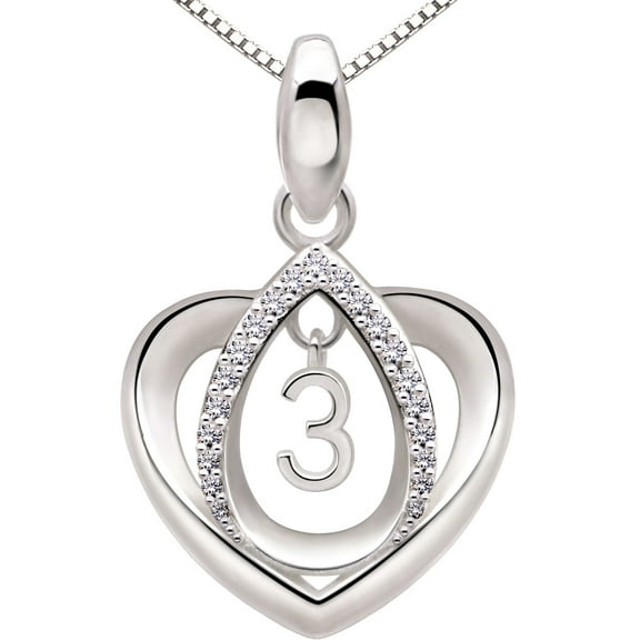 ALOV Jewelry Sterling Silver Lucky Number 3 Third Anniversary Numeral Three Love Heart Cubic Zirconia Pendant Necklace