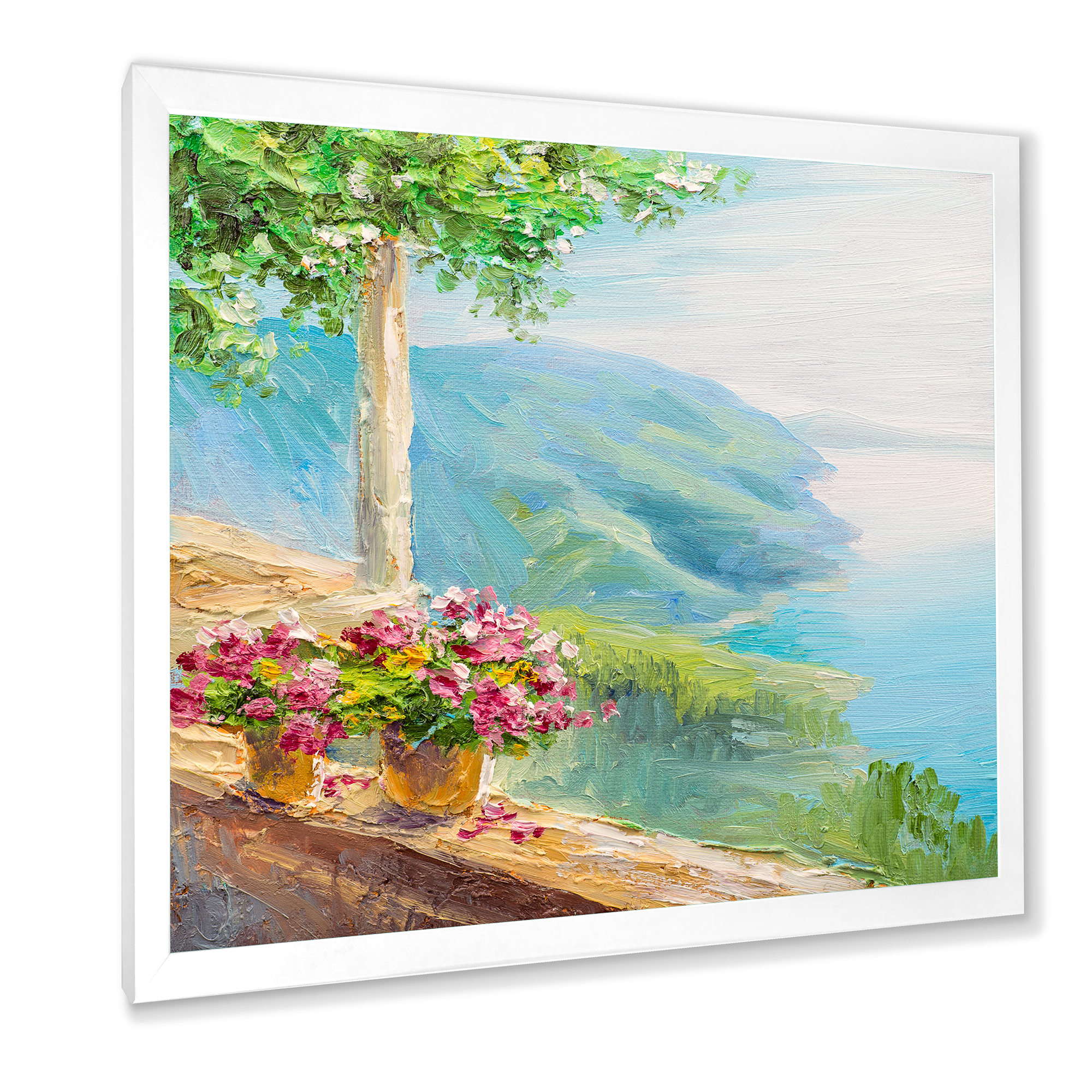 Designart 'House With Colorful Flowers Near The Sea V' Nautical & Coastal Framed Art Print