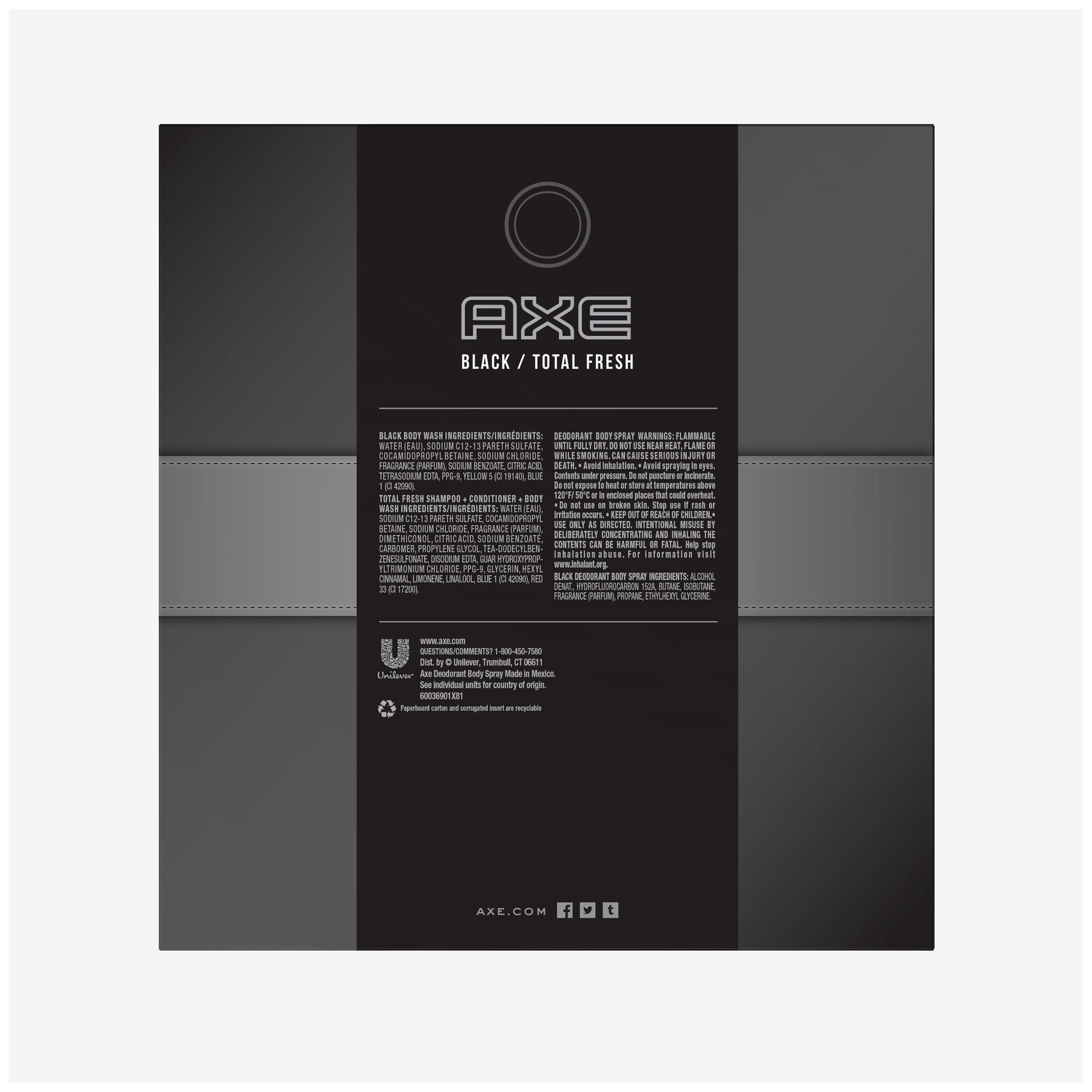 ($12 Value) AXE Black/Total Fresh Holiday Gift Set (Deo Body Spray, Body Wash, 3-in-1 Shampoo + Conditioner + Body Wash) 3 Ct