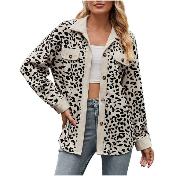 Jacenvly Button up Shirts for Women Leopard Print Corduroy Jacket Comfort Warmth Long Sleeve Overcoat Lapels Pocket Fall Winter Coats S Casual Fashion Regular Tops