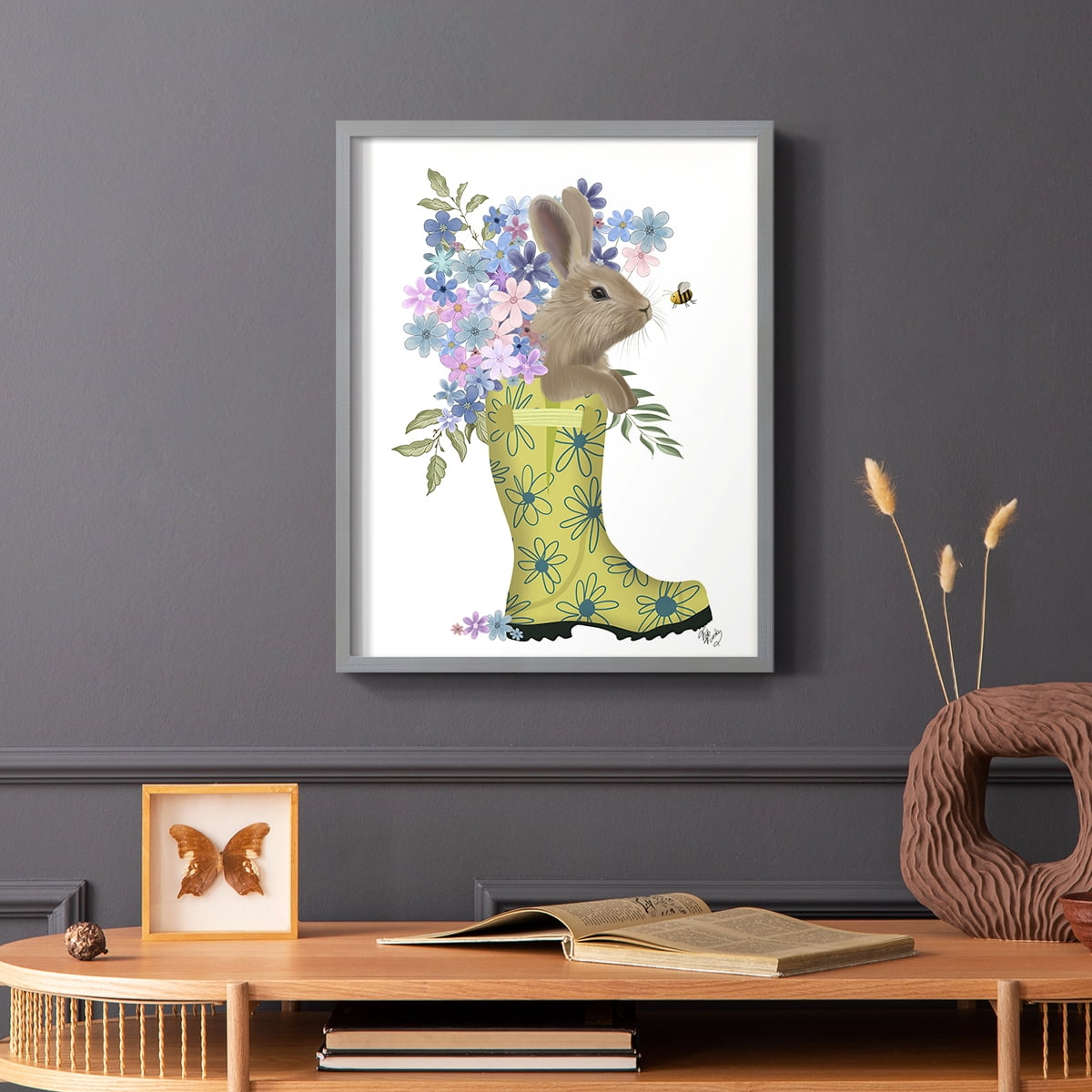 Welly Bunny And Bee Framed Print in Gray Solid Wood 8 x 10 Framed Print
