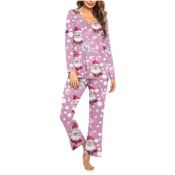Puntoco Conjunto de pijama cómodo para mujer, conjunto de pijama informal con cuello en V y pantalones largos con estampado navideño para mujer