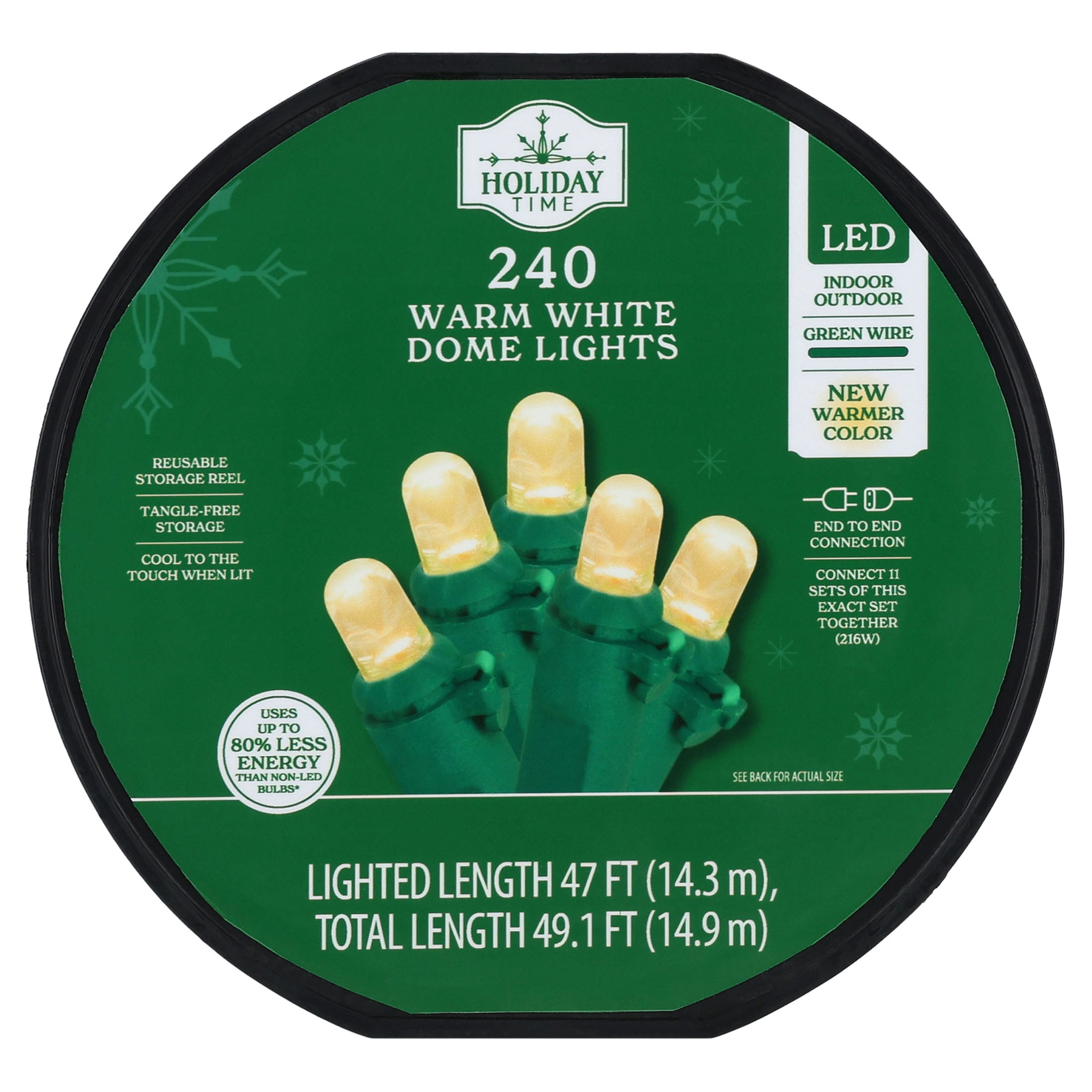 Indoor/Outdoor 240-Count LED Dome Christmas String Lights, Warm White, Green Wire, 47', by Holiday Time