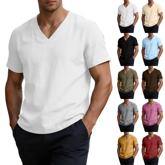 Kojanyu Men's Big and Tall V Neck T Shirts Short Sleeve Cotton Linen Casual Tees Lightweight Relaxed Summer Tops