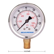 Measureman 2-1/2 Dial Size, OIl Filled Pressure Gauge, 0-160psi/kpa, 304 Stainless Steel Case, 1/4NPT Lower Mount