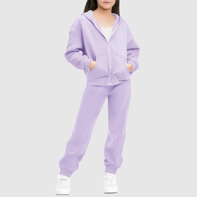 Chaqueta de invierno de color liso para niños, sudadera larga con capucha y cremallera y pantalones deportivos con lazo en las piernas, conjunto deportivo informal con forro polar para mayor calidez,
