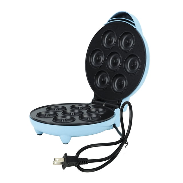 Donut Maker Fácil Liberación Calefacción de Doble Cara Prevenir Palo Mini Máquina Eléctrica Portátil para Hacer Donuts para 7 Donuts Enchufe de EE. UU. 110 V Azul