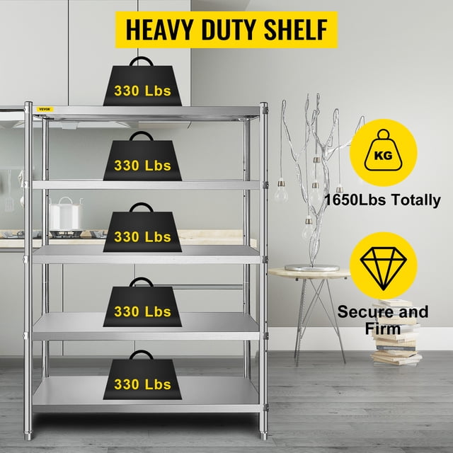 VEVOR Estantes de acero inoxidable de 47.5 x 18 pulgadas, unidad de almacenamiento de estante ajustable de 5 niveles, estantería de acero inoxidable, estantería resistente para cocina, oficina